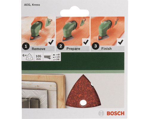 Šesť trojuholníkových brúsnych papierov s zrnitosťou 60, 120 a 240, veľkosť 105 mm, vhodné pre zariadenia AEG a Kress, Logo Bosch