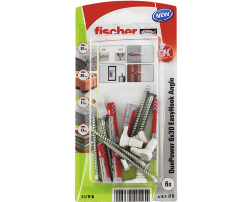 Sada skrutiek a hmoždiniek Fischer DuoPower 6x30 + EasyHook skoby Hmoždinka Fischer DuoPower 6x30 s uhlom EasyHook, 6 kusov