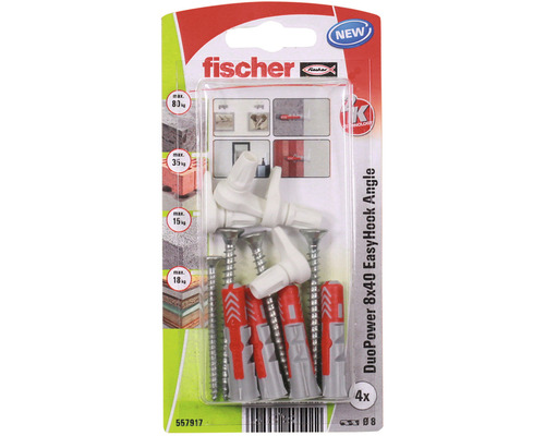 Sada skrutiek a hmoždiniek Fischer DuoPower 8x40 + EasyHook skoby Hmoždinky Fischer DuoPower 8x40 s uholníkom EasyHook pre bezpečné upevnenie