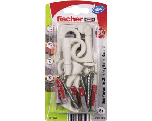 Sada skrutiek a hmoždiniek Fischer DuoPower 6x30 + EasyHook háčiky Fischer DuoPower 6x30 EasyHook okrúhly v blistrovom balení