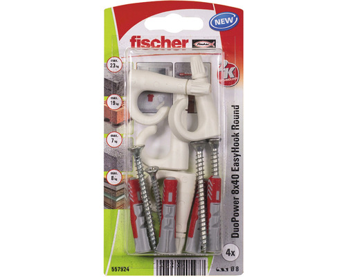 Sada skrutiek a hmoždiniek Fischer DuoPower 8x40 + EasyHook háčiky Hmoždinky Fischer DuoPower 8x40 s okrúhlymi hákmi, balenie po 4 kusoch
