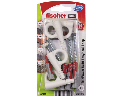 Sada skrutiek a hmoždiniek Fischer DuoPower 8x40 + EasyHook očká Hmoždinka Fischer DuoPower 8x40 s okom EasyHook, 4 kusy