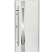 Biele vchodové dvere s nerezovou kľučkou a preskleným prvkom