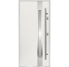 Biele vchodové dvere s podlhovastým zvislým skleneným prvkom a kovovou kľučkou.