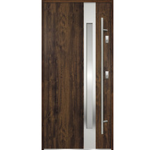 Vchodové dvere s drevenou štruktúrou, sklenenou vložkou a nerezovou kľučkou