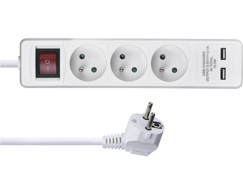 Predlžovací kábel Emos s 3 zásuvkami + 2× USB a vypínačom 2m biely