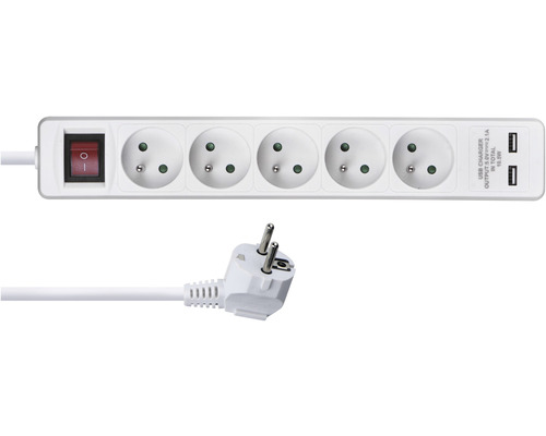 Predlužovací kábel Emos se 5 zásuvkami + 2× USB a vypínačom 3m biely