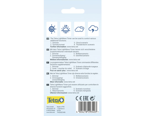 Zadná strana balenia časovača Tetra LightWave s informáciami o funkciách