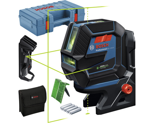 Kombinovaný laser Bosch GCL 2-50 G Professional, zelený Krížový čiarový laser Bosch GCL 2-50 G s príslušenstvom a logom Bosch