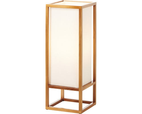 Stojacia lampa s dreveným rámom a látkovým tienidlom