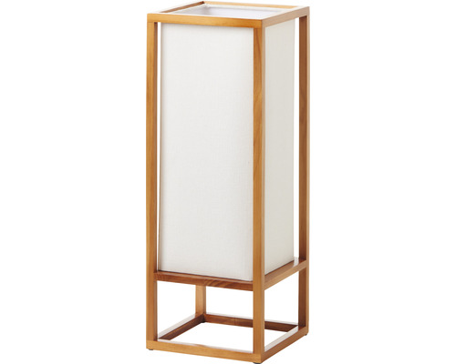 Stojaca lampa s dreveným rámom a látkovým tienidlom