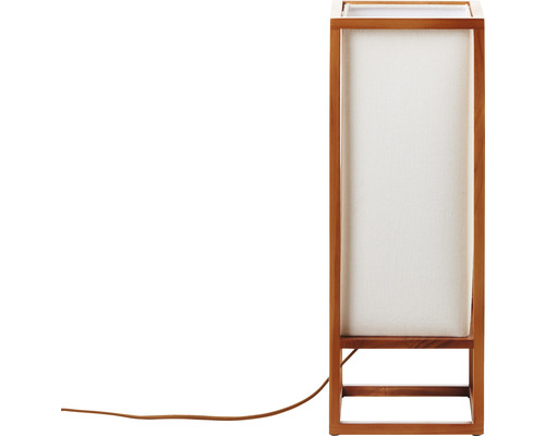 Obdĺžniková stolná lampa s dreveným rámom a látkovým tienidlom