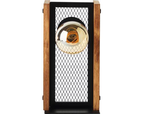 Stolná lampa s kovovým pletivovým tienidlom a dreveným rámom