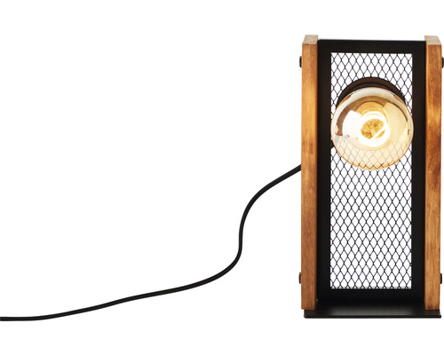 Stolná lampa s dreveným rámom a kovovou mriežkou