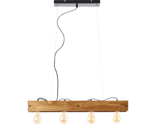 Závesná lampa s dreveným trámom a štyrmi žiarovkami