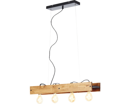 Závesná lampa s dreveným trámom a štyrmi žiarovkami