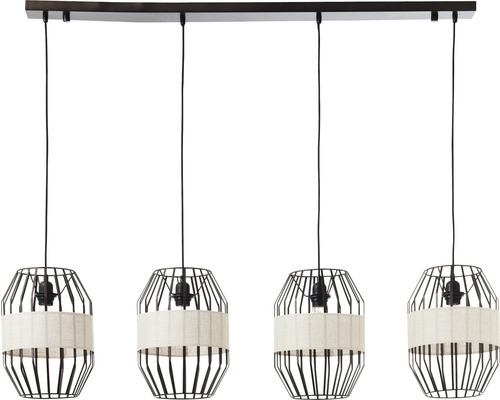 Závesné svietidlo so štyrmi žiarovkami s kovovým drôtom a látkovými tienidlami