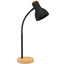 Čierna stolná lampa s drevenou základňou pre vnútorné použitie.