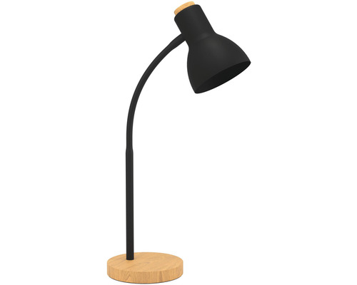 Čierna stolná lampa s drevenou základňou pre vnútorné použitie.