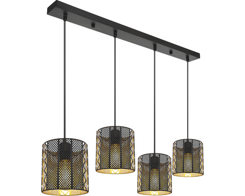 Závesné svietidlo so štyrmi žiarovkami s kovovými tienidlami a ozdobnými krištáľovými prvkami