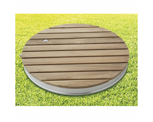 Okrúhly drevený kryt bazéna s kovovým lemom