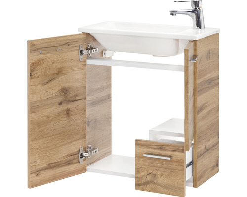 Skrinka pod umývadlo s otvorenými dvierkami a zásuvkou