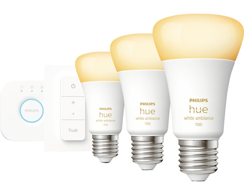 Štartovacia súprava Philips Hue White Ambiance E27 s tromi žiarovkami, stmievačom a prepojovacím mostíkom