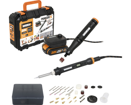Multifunkčná sada WORX MakerX, 2 prístrojov WX988 obsahuje spájkovačku WX744, multifunkčný nástroj WX739.9 vrátane aku adaptéra HubX WA7161 20V a aku 2,0 Ah Sada náradia Worx Maker X s kufríkom na náradie, batériou a príslušenstvom