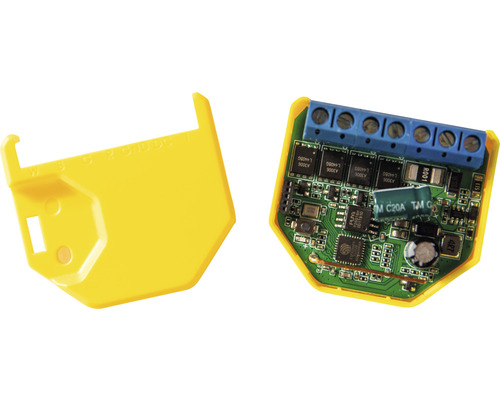 Inteligentný spínač so žltým krytom, pohľad do elektroniky