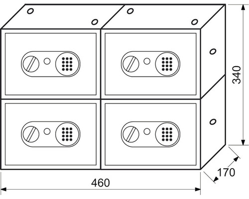 Technický nákres štyroch trezorov s rozmermi 460, 340 a 170 milimetrov