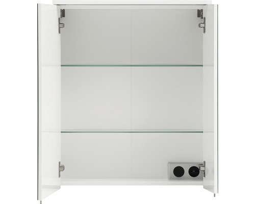 Otvorená kúpeľňová zrkadlová skrinka so sklenenými policami a zásuvkami