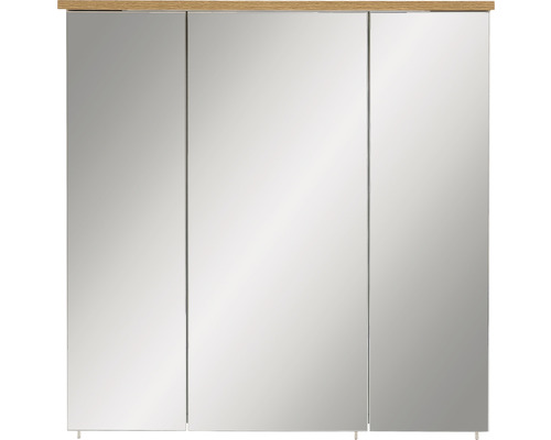 Zrkadlová skrinka s tromi zrkadlovými dvierkami a dreveným dekorom