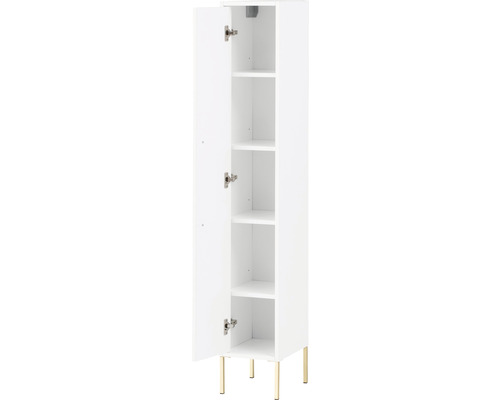 Biela kúpeľňová skrinka s otvorenými dverami a zlatými nohami