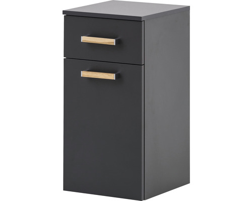 Tmavosivá kúpeľňová skrinka s dvomi zásuvkami a drevenými úchytkami