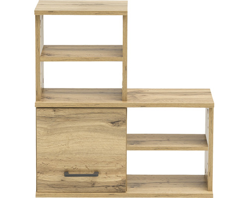 Drevená polica s dvierkami a niekoľkými otvorenými priehradkami