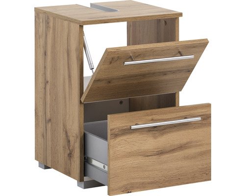 Skrinka pod umývadlo so zásuvkou a výklopnými dvierkami vo vzhľade dreva