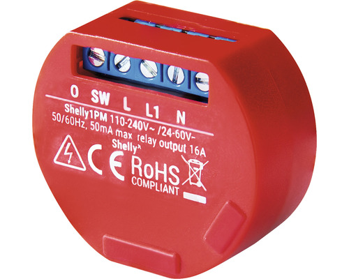 Reléový spínač Shelly 1PM so značkami zhody CE a RoHS