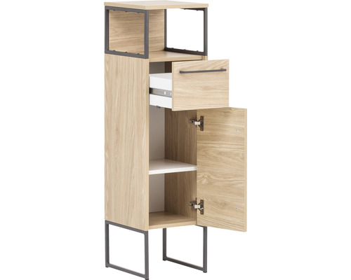 Vysoká skrinka s otvorenou policou, zásuvkou a dvierkami do kúpeľne