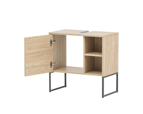 Skrinka pod umývadlo z dreva s dvierkami a úložnými priehradkami na kovových nohách