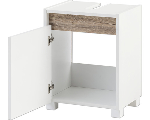 Skrinka pod umývadlo s otvorenými dvierkami do kúpeľne