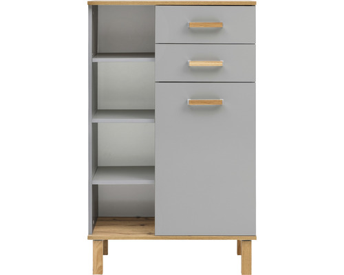 Sivá príručná skrinka s tromi zásuvkami a otvorenou policou