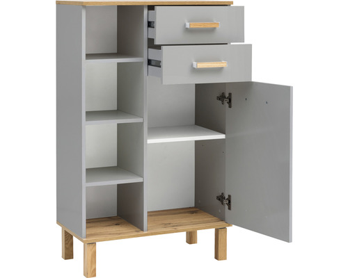 Sivá viacúčelová skrinka so zásuvkami, policami a dvierkami