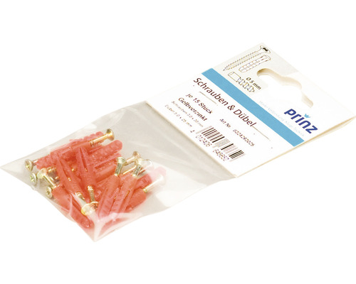 Balenie žlto pozinkovaných skrutiek a hmoždiniek, 5,0 x 30 milimetrov, 15 kusov