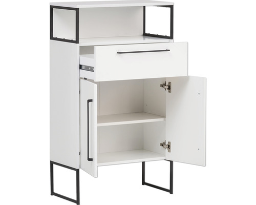 Biela skrinka so zásuvkou, dverami a policami