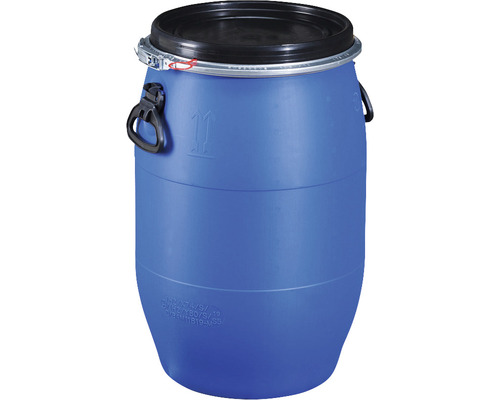 Modrá plastová nádoba s čiernym vekom a upínacím krúžkom