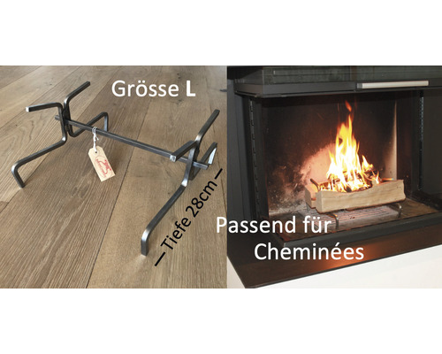 Držiak na palivové drevo veľkosti L vedľa krbu s horiacim drevom