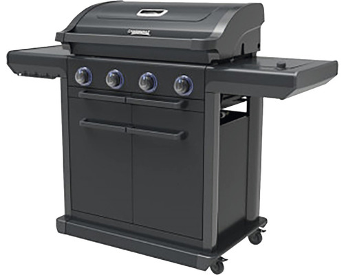 Plynový gril so štyrmi horákmi, odkladacími plochami a spodnou skrinkou na vonkajšie použitie.