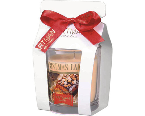 Vianočná sviečka v skle vonná CHRISTMAS CAKE 130 g Vonná sviečka v pohári so stuhou a darčekovým balením
