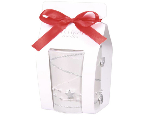 Vianočná vonná sviečka v skle GIRLANDA 130 g biela Sviečka v bielej darčekovej krabičke s červenou stuhou