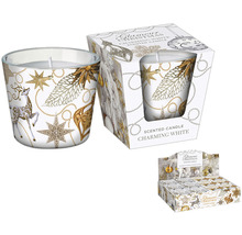 Dekoratívna vonná sviečka Charming White v pohári s vianočným motívom a predajným balením